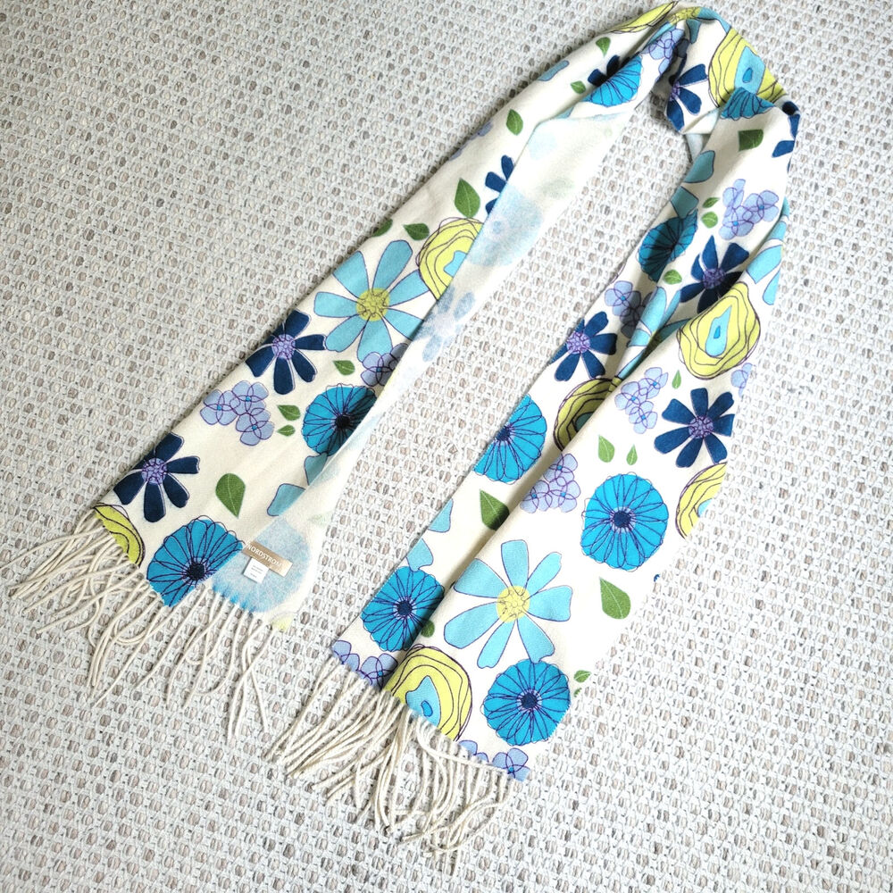 Nordstrom 100% Cashmere Wool Scarf Floral White and Blue Fringed Y2K